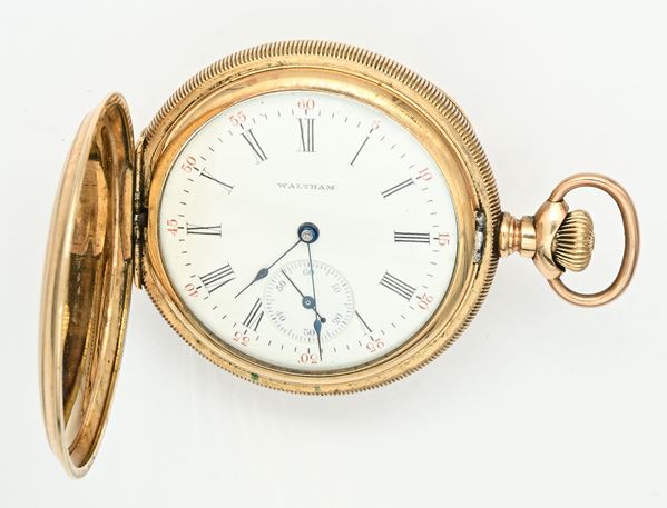 Americam Waltham Watch Co - Orologio da tasca savonette con scappamento ad ancora e spirale Breguet remontoir da uomo in metallo placcato in oro