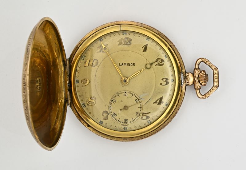 Laminor Watch Co, Orologio da tasca savonette con scappamento ad ancora remontoir in metallo plac...
