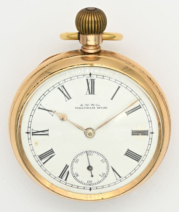 Am. Watch Co. Waltham Mass. Hillside - Orologio da tasca scappamento ad ancora e spirale Breguet remontoir da uomo in metallo placcato in oro giallo 14Kt