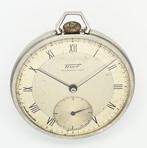 Tissot Antimagnetique (Cal. 40.5)- Orologio da tasca con scappamento ad ancora spirale Breguet remontoir da uomo in acciaio