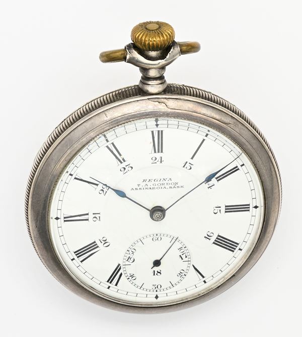 Regina Watch Co. per T.A. Gordon Assinaboia Sask - Orologio da tasca con scappamento ad ancora spirale Breguet con registrazione micrometrica remontoir da uomo in argento 925/000