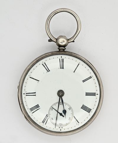 Orologio da tasca maschile a scappamento a verga, conoide e carica a chiavetta, cassa in argento ...