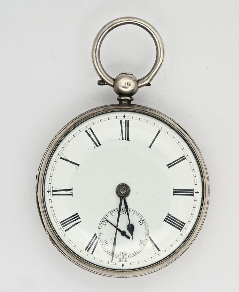 Orologio da tasca maschile a scappamento a verga, conoide e carica a chiavetta, cassa in argento ...