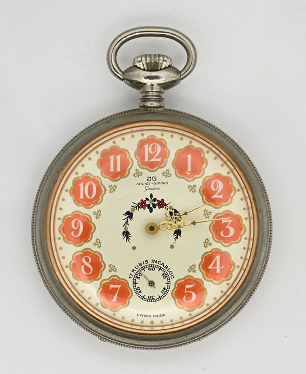 Jacquet Girard Geneve (Cal. 6431/6445) - Orologio da tasca con scappamento ad ancora remontoir da uomo in metallo con cassa incisa con scena pastorale