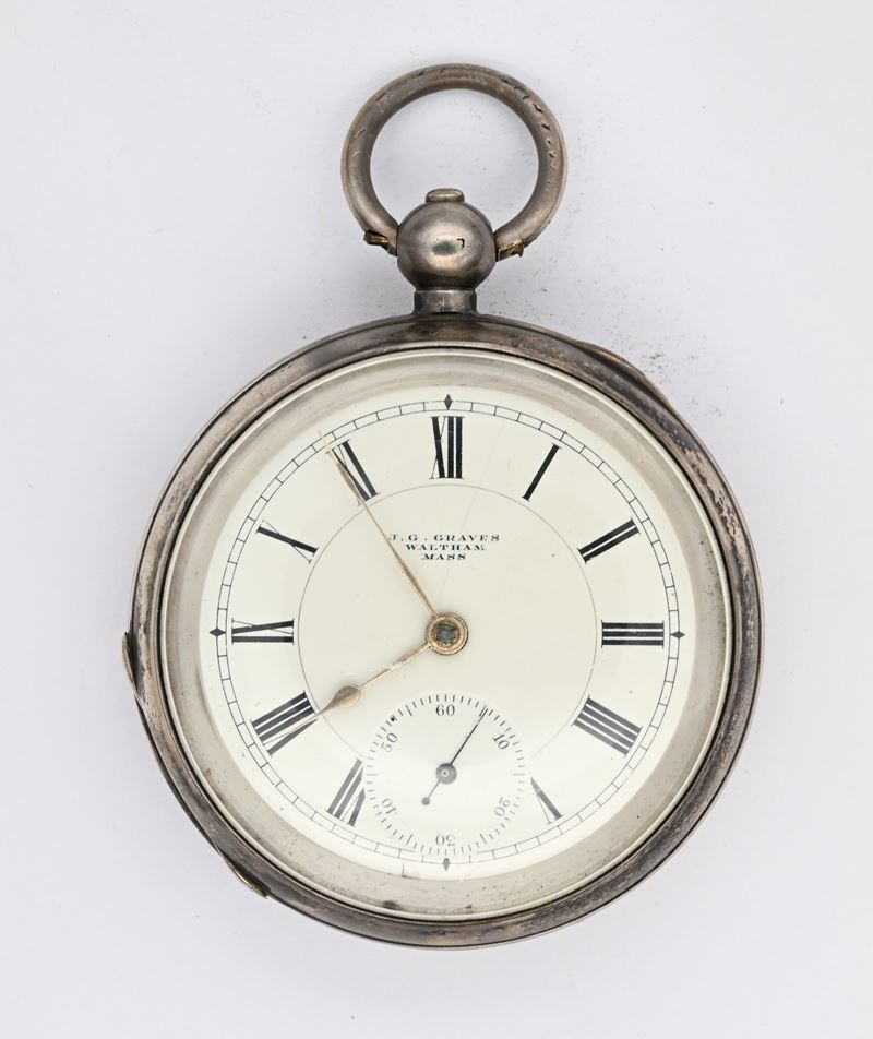 Am. Watch Co. Waltham Mass., Orologio da tasca in argento sterling con scappamento ad ancora e sp...
