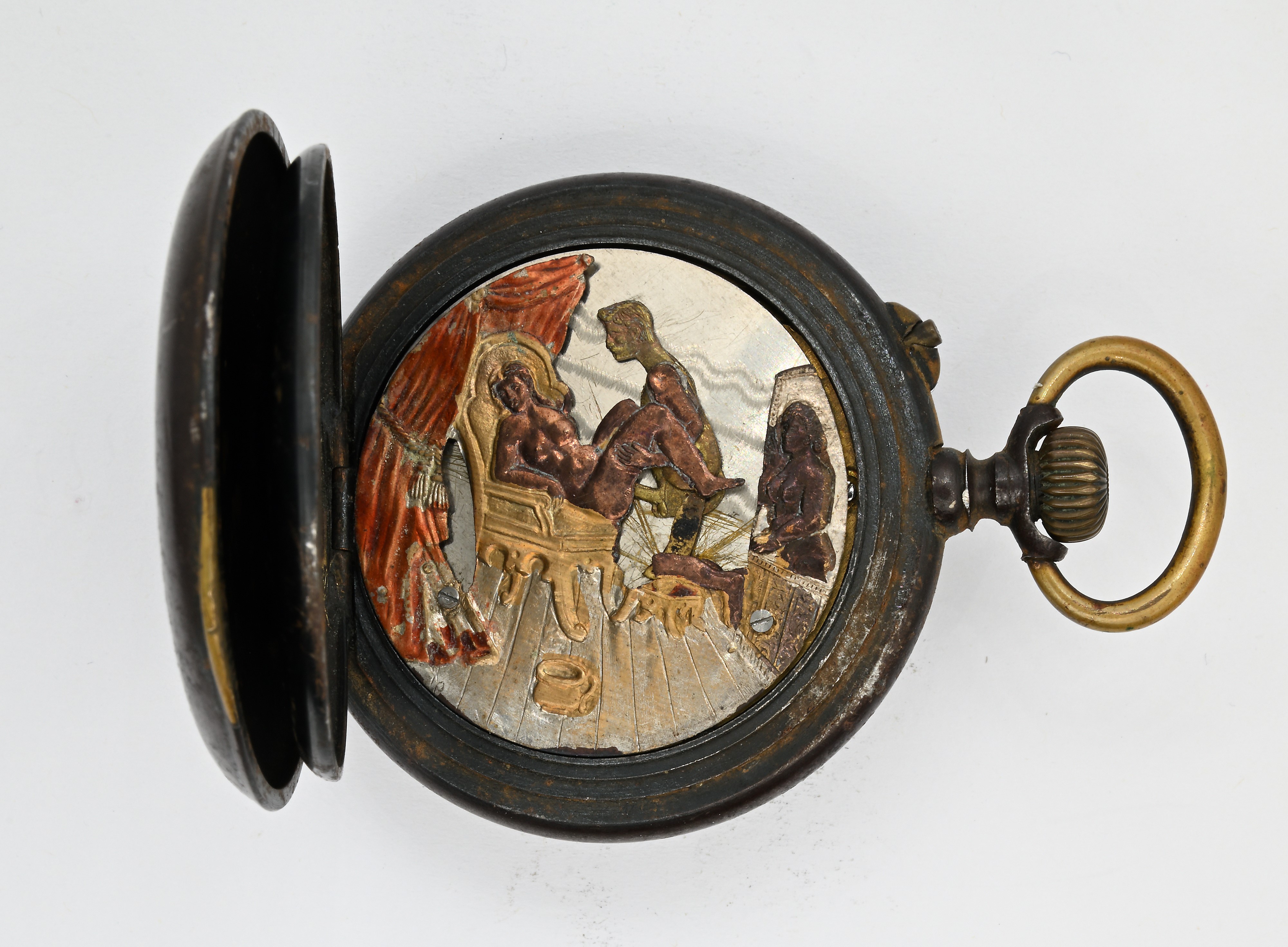 Orologio da tasca anonimo, scappamento ad ancora remontoir e scena erotica con automa, metallo br...