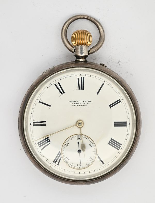Russels Lim.d Liverpool (Makers to the Queen) - Orologio da tasca con scappamento ad ancora e spirale Breguet remontoir da uomo in argento sterling, cassa con punzoni Birmingham 1898