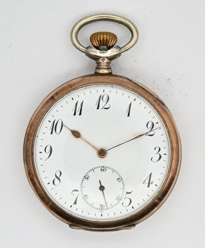Orologio da tasca, scappamento ad ancora e spirale Breguet, remontoir, argento 800‰ con 15 rubini