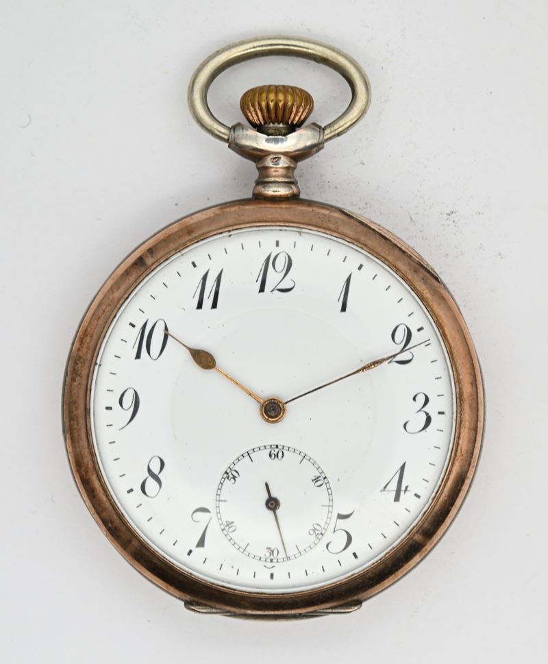 Orologio da tasca, scappamento ad ancora e spirale Breguet, remontoir, argento 800‰ con 15 rubini