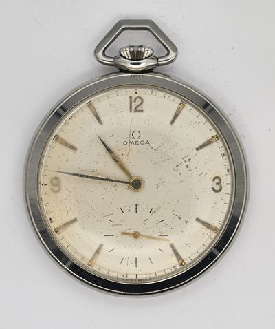 Omega, Orologio da tasca Cal. 161 con scappamento ad ancora e spirale Breguet remontoir in acciai...