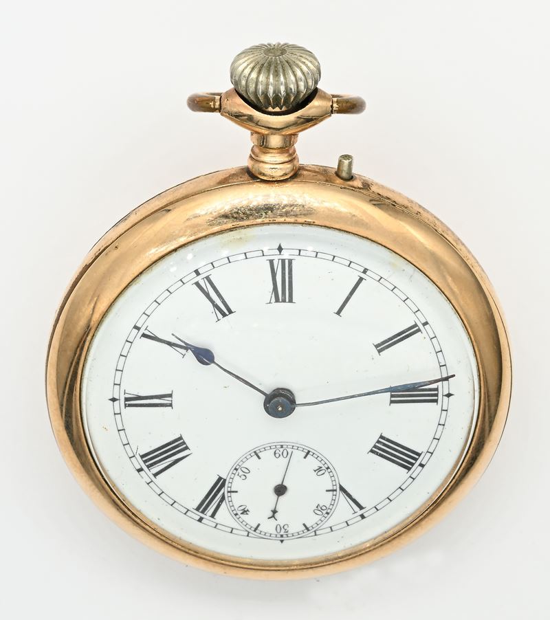 Orologio da tasca, scappamento ad ancora e spirale Breguet remontoir, metallo placcato in oro gia...