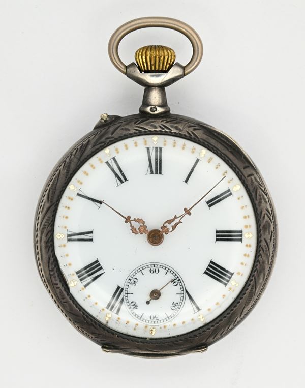 Orologio da tasca con scappamento a cilindro remontoir con cassa in argento con decorazioni a fiori sul retro  (inizi XX secolo)  - Auction Time Auction - Pocket Watches - Casa d'Aste Arcadia