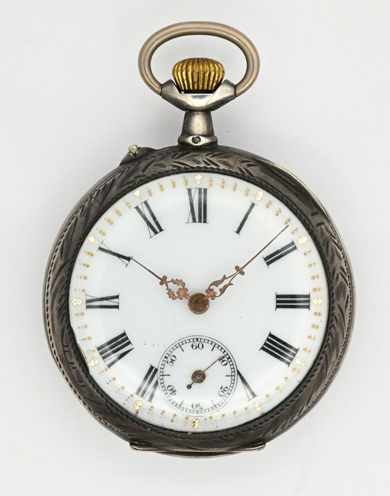 Orologio da tasca, scappamento a cilindro remontoir, cassa in argento con decorazioni floreali