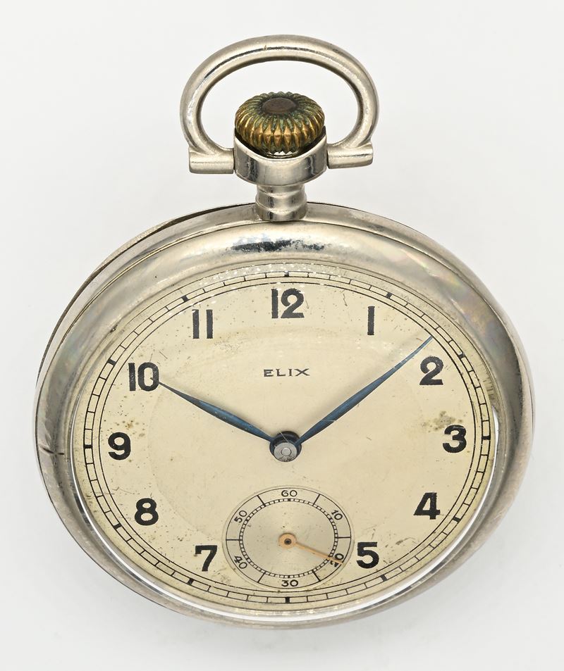 Elix, Orologio da tasca con scappamento ad ancora remontoir in acciaio, anni ’30–’40