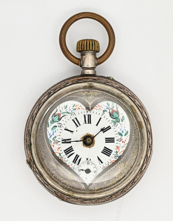 Orologio da tasca con scappamento a cilindro remontoir in metallo argentato