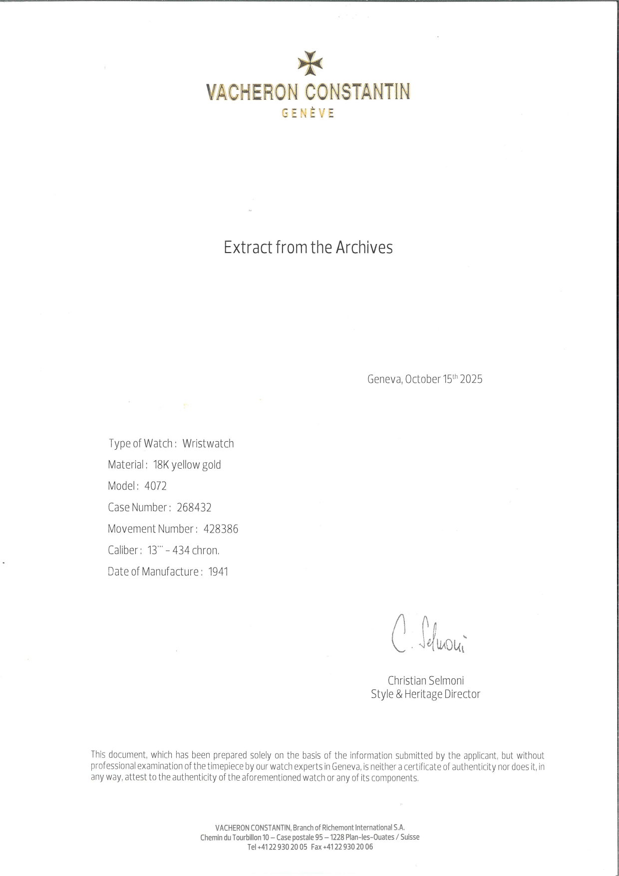 Vacheron & Constantin mod. 4072 cronografo da polso in oro