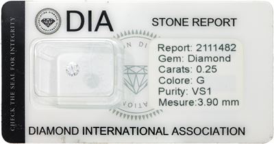 Diamante naturale, ct. 0,25, G - VS1 in blister con perizia gemmologica