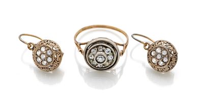 Parure antica in oro giallo 750, argento e pietre bianche