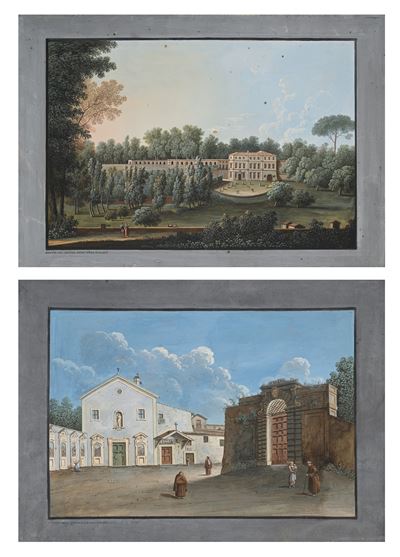 Veduta della chiesa di San Bonaventura e Veduta del Casino di Villa Borghese, tempera su carta