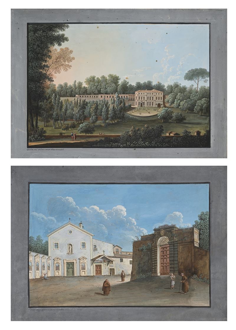 Scuola Romana del XIX Secolo - Veduta della chiesa di San Bonaventura e Veduta del Casino di Vill...