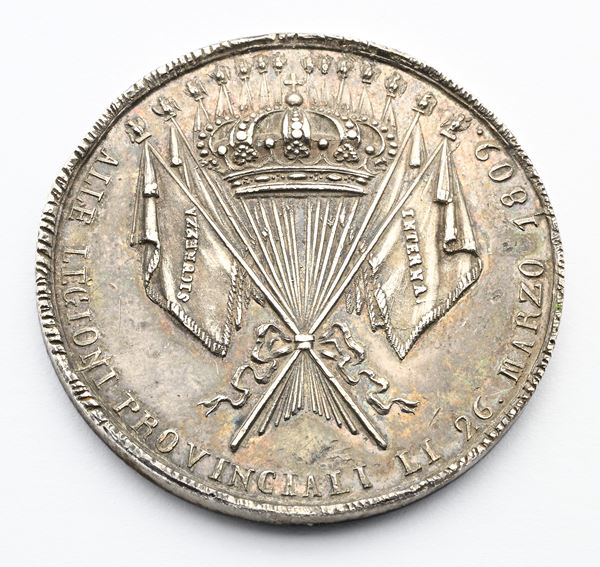 Medaglia in argento 1809 Gioacchino Murat Regno delle Due Sicilie. Coniata a Napoli Per la distribuzione delle bandiere provinciali
