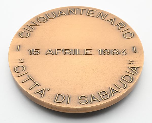Medaglia in bronzo Cinquantenario Città di Sabaudia. 15 Aprile 1984. Opus Lorioli