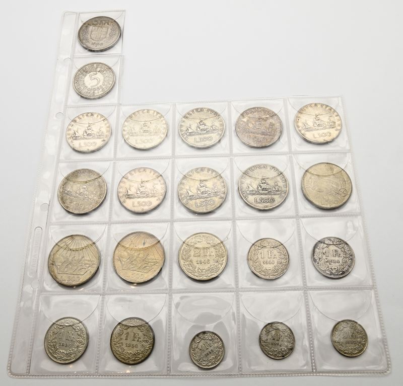 Lotto Monete: 12 Pezzi da 500 Lire Repubblica Italiana; 5 Franchi Svizzeri; 5 Marchi, 2 Franchi S...