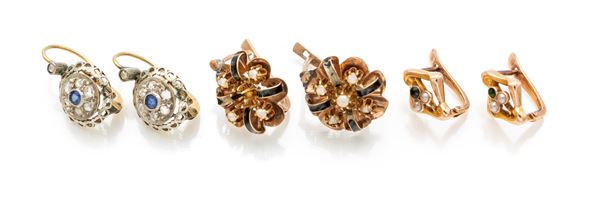 Gruppo di 3 coppie di orecchini in oro, diamanti e pietre