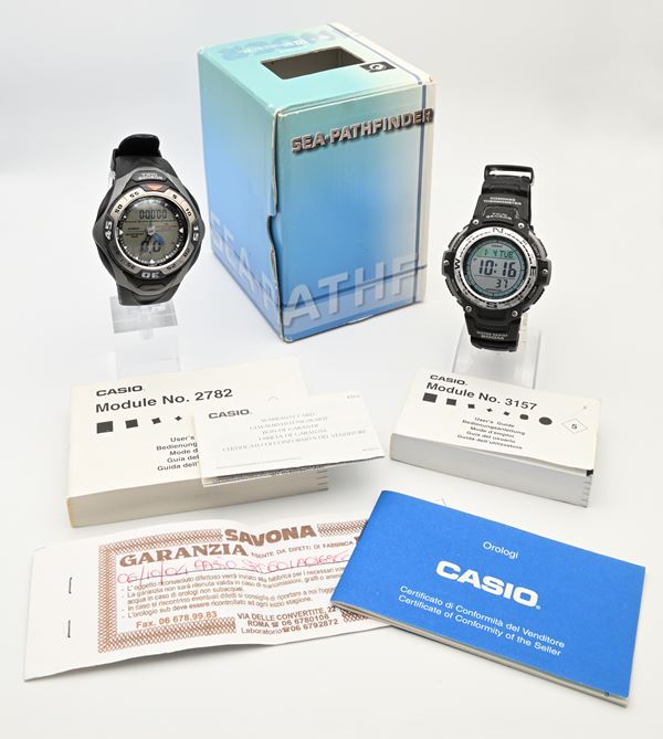 Casio Sea-Pathfinder Twin Sensor SPF 60 1A (Mod. 2782) - Orologio digitale subacqueo da polso al quarzo da uomo, multifunzione con barometro, termometro e profondimetro, in plastica con fondello in acciaio; Casio 5 Alarms World Time Twin Sensor SGW-100 (Mod. 3157) - Orologio digitale subacqueo da polso al quarzo da uomo in plastica con fondello in acciaio