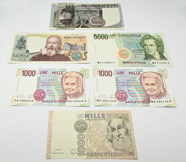 Lotto 6 banconote Repubblica Italiana: 10.000 Lire Andrea del Castagno Ciampi/Stevani D.M. 6.09.1980 (LB397639V), 5.000 Lire Bellini Fazio/Amici D.M. 4.01.1985 (MD419385V), 2.000 Lire Galilei Ciampi/Stevani D.M. 24.10.1983 (IA187783); 1.000 Lire Marco Polo Ciampi/Speziali D.M. 6.01.1982; 1.000 Lire (2 pz.) Montessori Ciampi/Speziali D.M. 3.10.1980 (GA386634B e MA088110B)