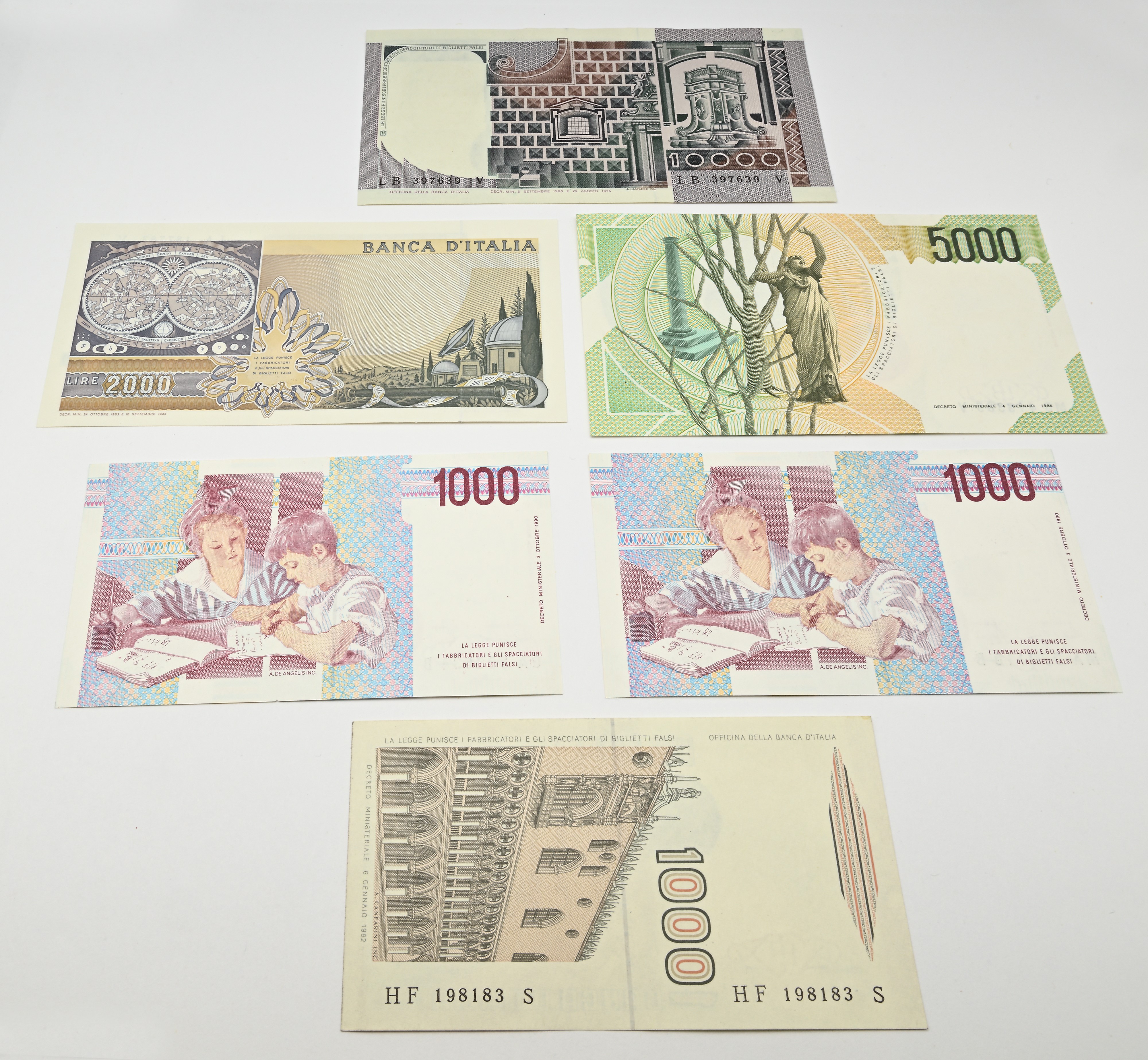Banconote della Repubblica Italiana, Lotto 6 banconote: 10.000, 5.000, 2.000 e 1.000 Lire (emissi...