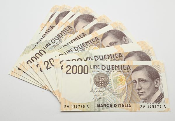 Lotto di 20 Banconote della Serie Speciale sostitutiva XA da 2.000 Lire Marconi D.M.3 ottobre 1990, Ciampi/Speziali, della Repubblica Italiana (da XA139756A a XA139775A)