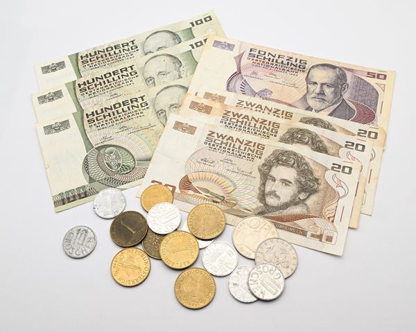 Lotto 7 Banconote Austria e monete di metallo vile