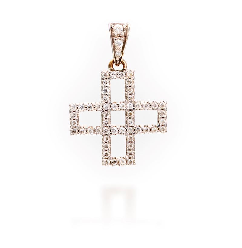 Pendente a croce, oro bianco 750/000 con brillanti