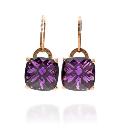 Orecchini in oro rosa 375/000 con ametiste, dimensioni 2,5 x 1 cm