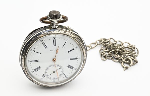 Longines Grand Prix Paris 1900 - Orologio da tasca da uomo in argento 800/000 a carica remontoir. Scappamento ad ancora. Cassa sbalzata. Con catena non pertinente in metallo