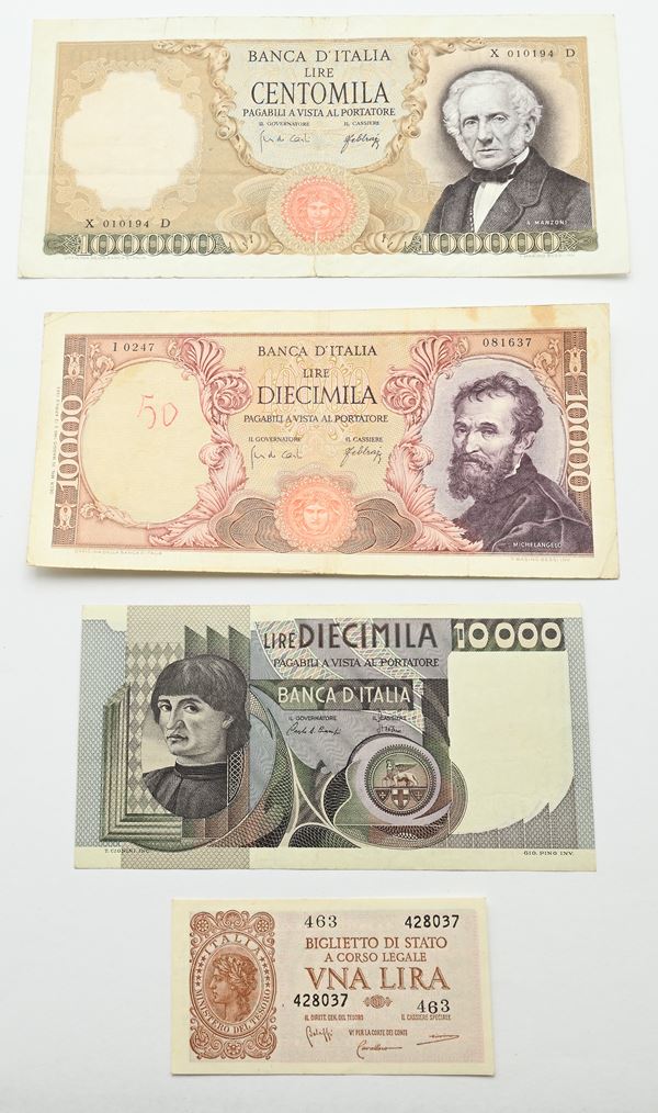 Lotto 4 banconote: Repubblica Italiana 100.000 Lire Manzoni Carli/Febbraio D.M. 3.07.1967 (X010194D); 10.000 Lire Michelangelo Carli/Febbraio D.M. 20.05.1966 (I0247-081637); 10.000 Lire Andrea del Castagno Ciampi/Stevani D.M. 3.11.1982 (LC533347A). E Luogotenenza: 1 Lira  Biglietto di Stato Bolaffi/Cavallaro D.M. 23.11.1944
