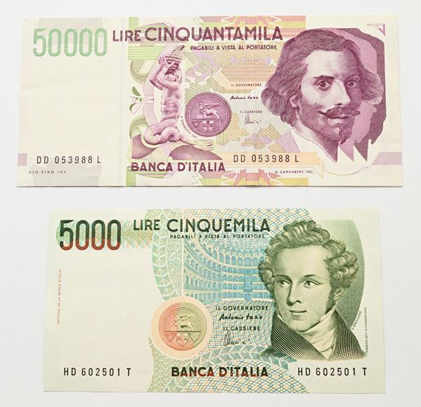 Lotto di 2 Banconote della Repubblica Italiana: 50.000 Lire Bernini II° Tipo Ciampi/Speziali D.M. 27.05.1992 (DD053988L); 5.000 Lire Bellini Fazio/Amici D.M. 4.01.1985 (HD602501T)