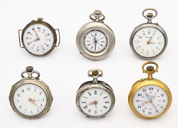 6 orologi da tasca a monachina remontoir: 5 in argento (di cui 1 modificata per polso) e 1 in metallo dorato