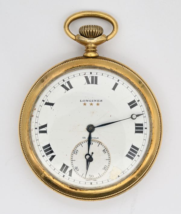 Longines 3 stelle (cal. 18.49 N.) - Orologio da tasca con scappamento ad ancora remontoir da uomo in metallo dorato  (1910/20)  - Auction Time Auction - Pocket Watches - Casa d'Aste Arcadia