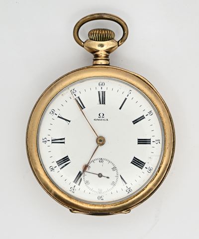 Omega, Orologio da tasca con scappamento ad ancora (remontoir) in metallo placcato in oro giallo