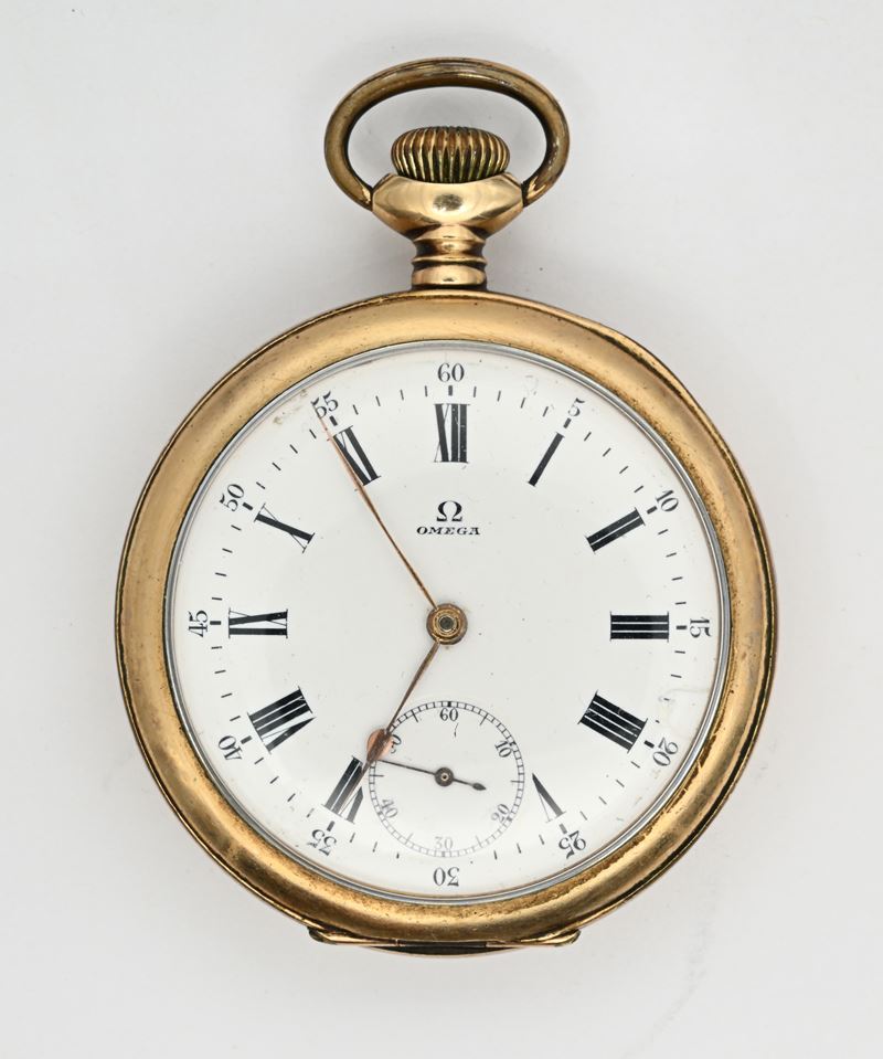 Omega, Orologio da tasca con scappamento ad ancora (remontoir) in metallo placcato in oro giallo