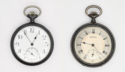 Cyma e SFC, Due orologi da tasca con scappamento ad ancora remontoir in acciaio brunito (diam. 50...