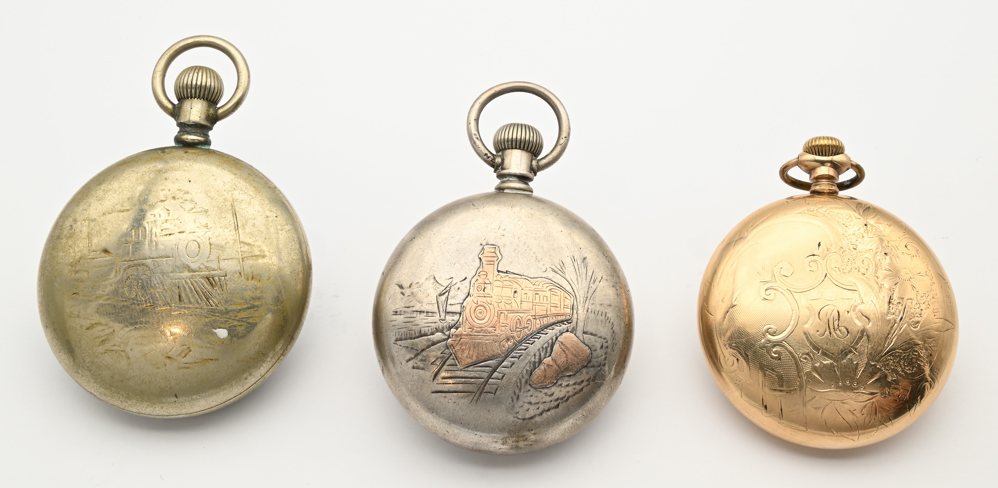 A.W.W. Co. Waltham Mass., Tre orologi da tasca con scappamento ad ancora remontoir da ferroviere ...
