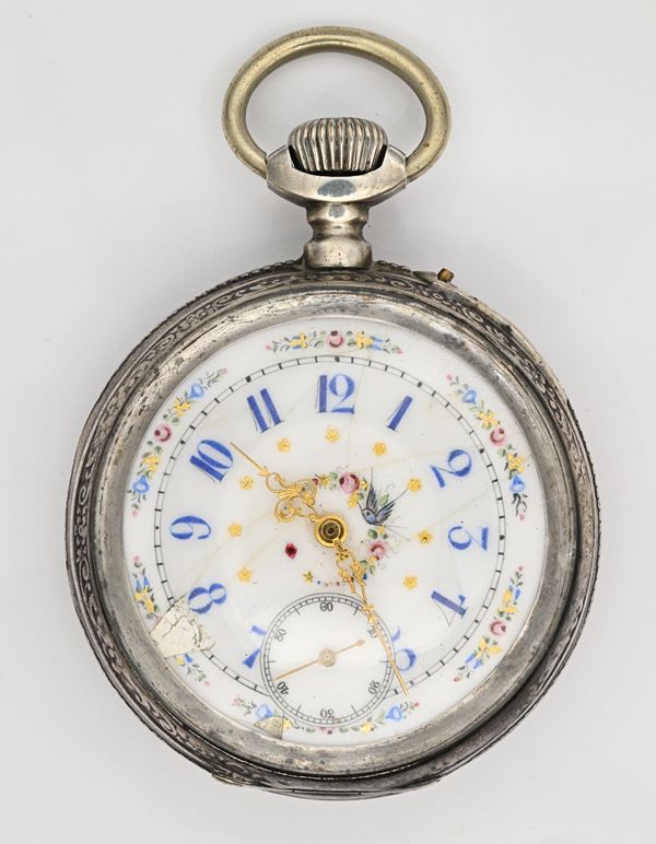 Orologio da tasca con scappamento ad ancora e spirale Breguet remontoir da uomo in argento 800/000 firmato Tissot Geneve