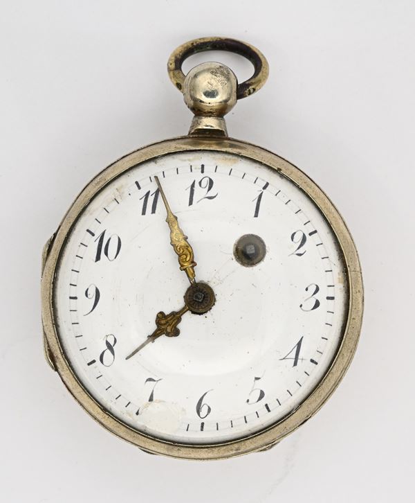 Orologio da tasca serpentina, conoide con bilanciere anulare e spirale piana del XVIII secolo rincassata in una cassa di metallo argentato degli inizi del XIX secolo