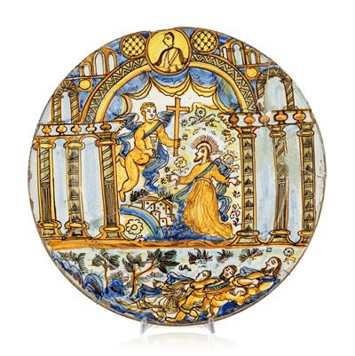 Piatto in maiolica policroma, Deruta, XVIII secolo, diametro cm 38