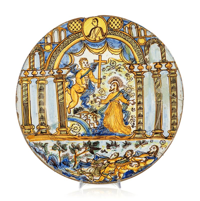 Piatto in maiolica policroma, Deruta, XVIII secolo, diametro cm 38