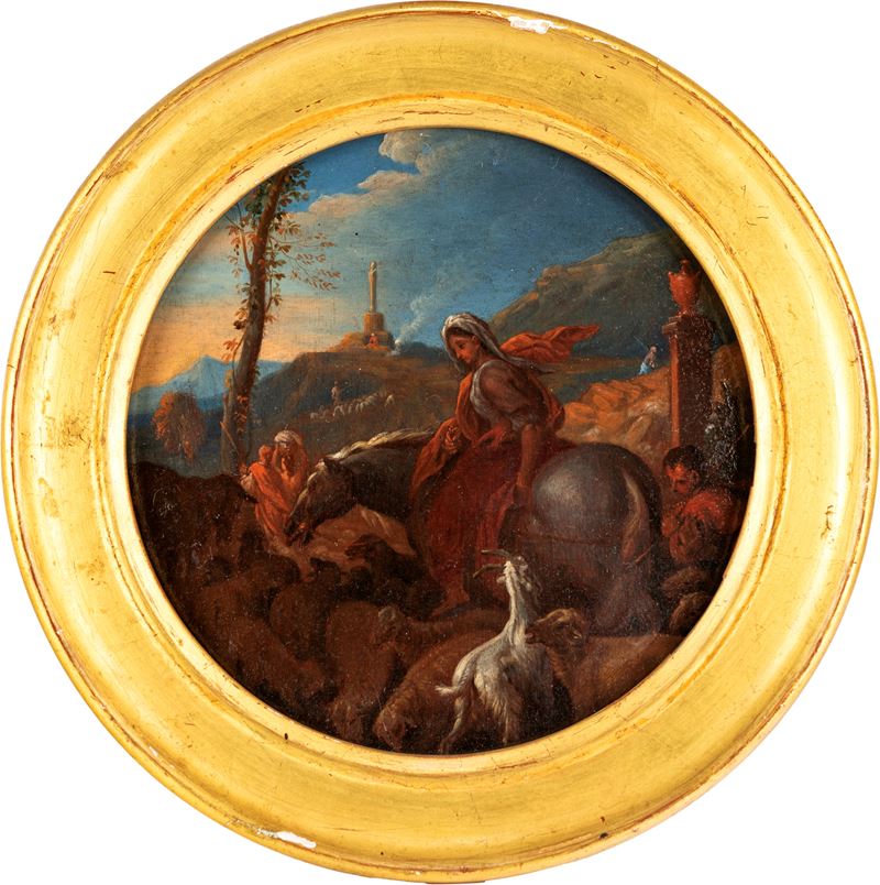 Pittore Romano del XVIII Secolo - Flora in viaggio tra Pastori, olio su tavola