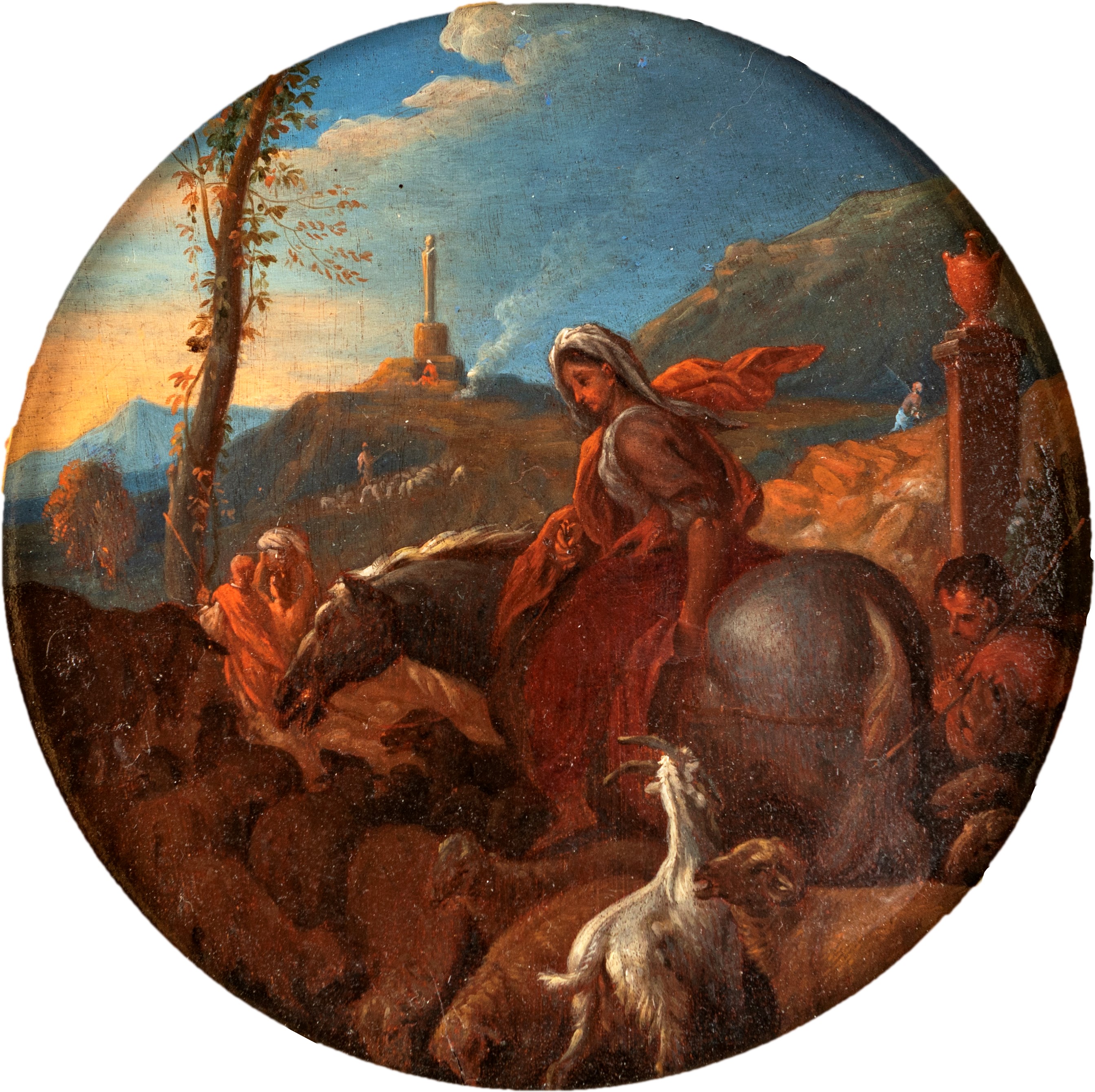Pittore Romano del XVIII Secolo - Flora in viaggio tra Pastori, olio su tavola